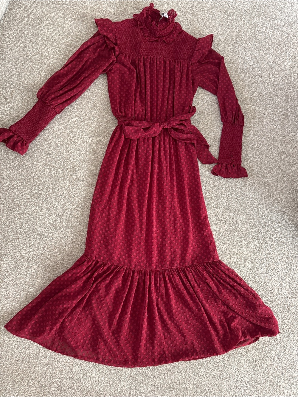 Walter Baker Burgundy Ruffle-Neck Long Sleeve Maxi Dress